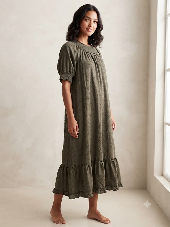 Quince Dresses & Skirts - Quince Olive Green Midi Dress with Smocked Neckline